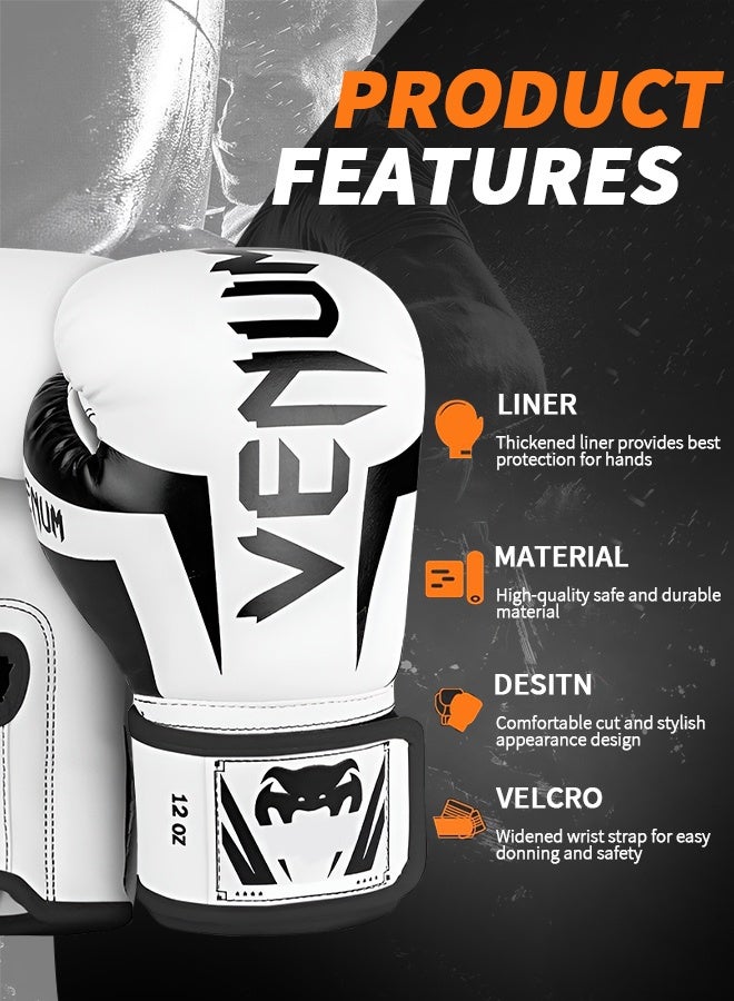 VENUM 12OZ Boxing Gloves PU Leather, Muay Thai Kickboxing MMA Sparring Training, Advanced TAKKA Closure, Padding, Punch Bags Speed Ball Focus Pads Workout-White - Image 2